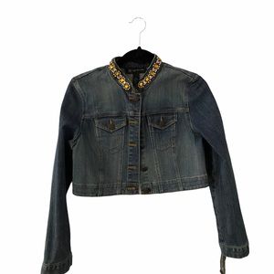 INC Women’s Petite Crop Denim Jacket with Embellished Collar. Size M (petite)
